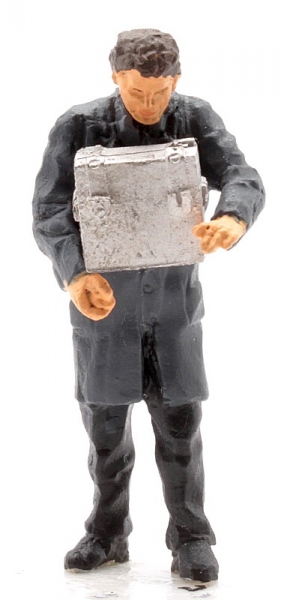 Man in smock putting down box -0-